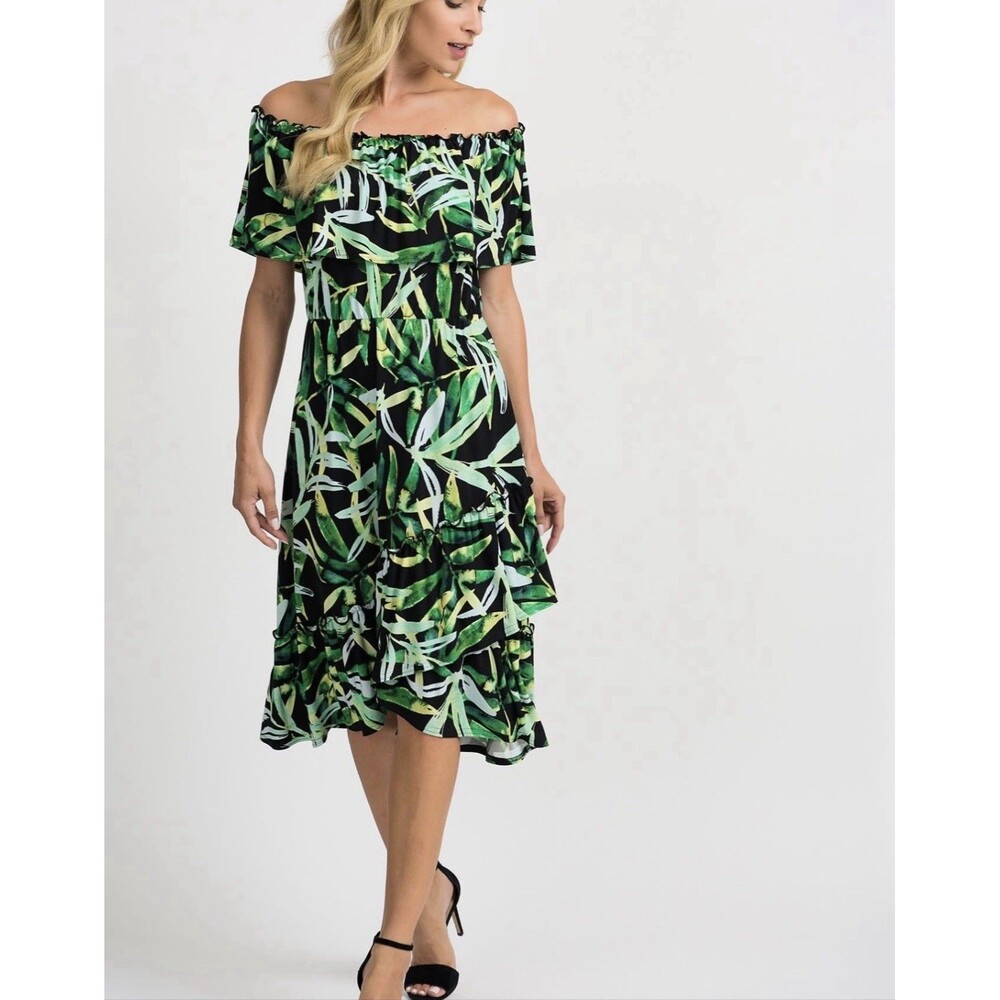 Joseph Ribkoff Tropical Off Shoulder Fit& Flare Midi Dress Size 6 Stretch Resort